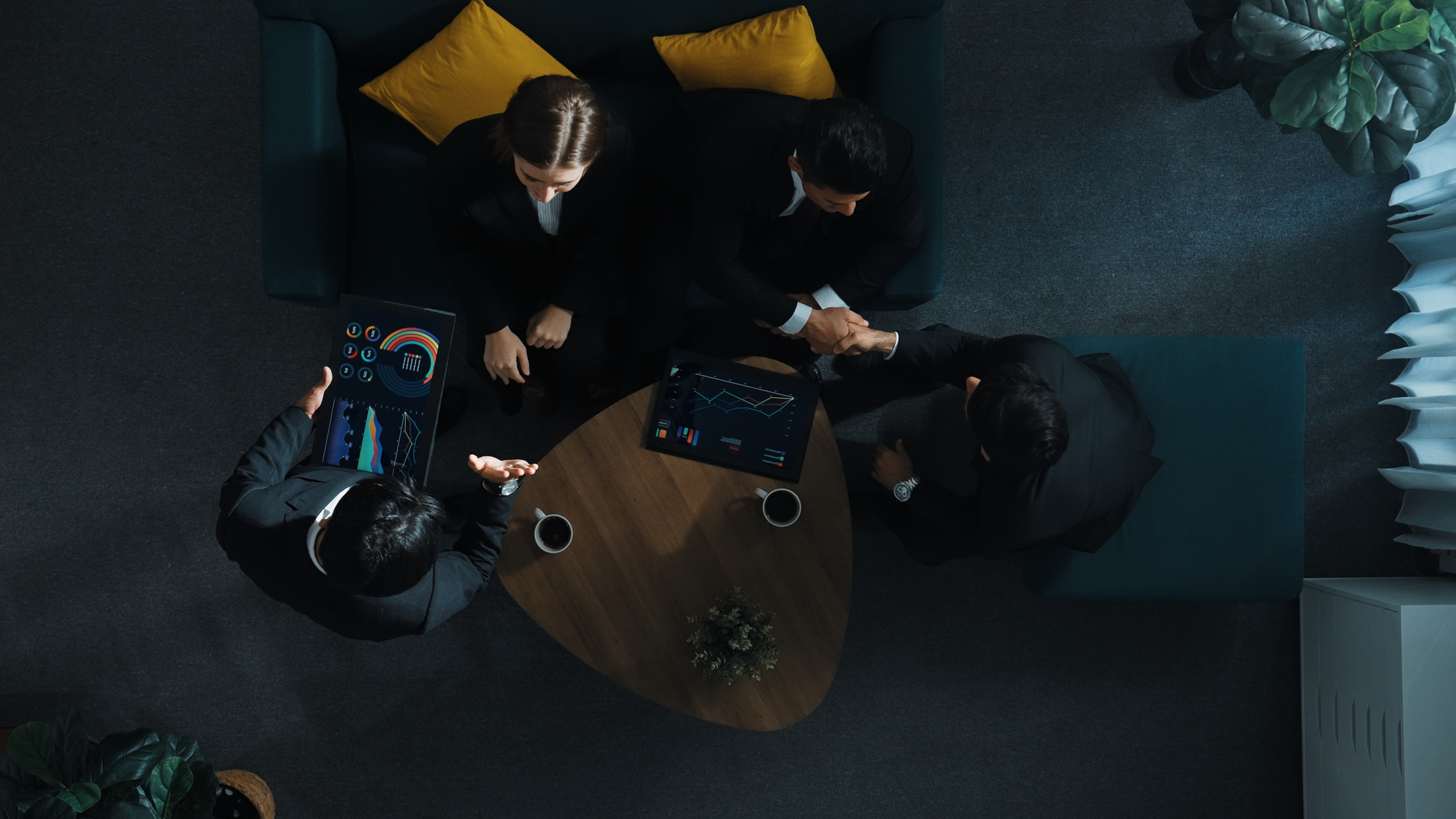 Top view business people making agreement shaking hands directorate